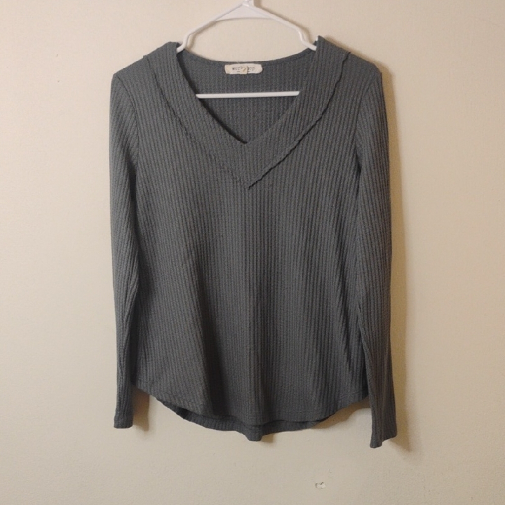 Workshop Republic Clothing Ribbed V-Neck Long Sleeve Tee - Gray